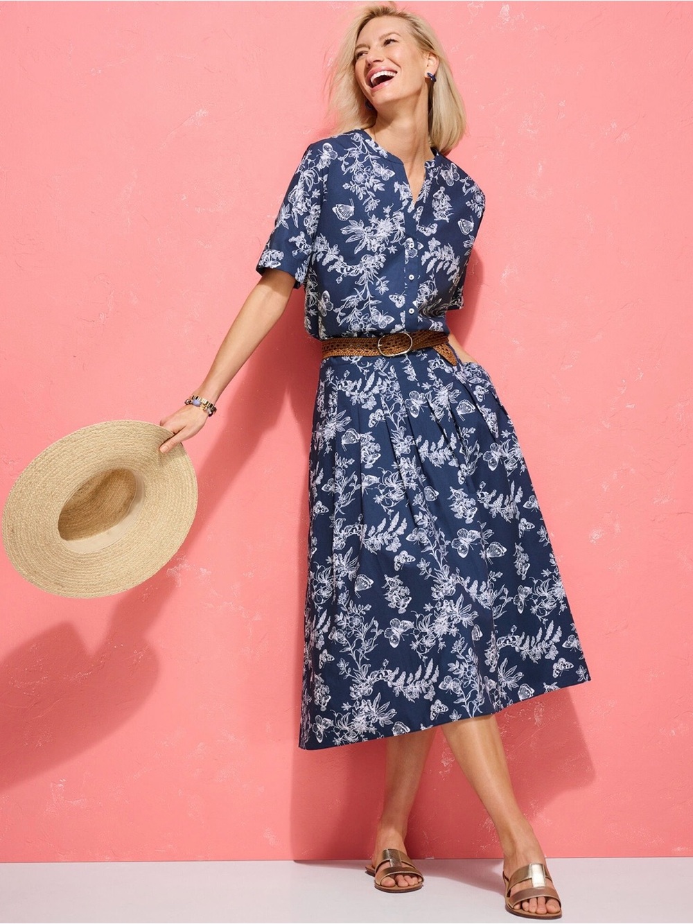 Talbots Set Button Front Shirt L & Pleated Midi Skirt 16 Navy Blue Butterfly